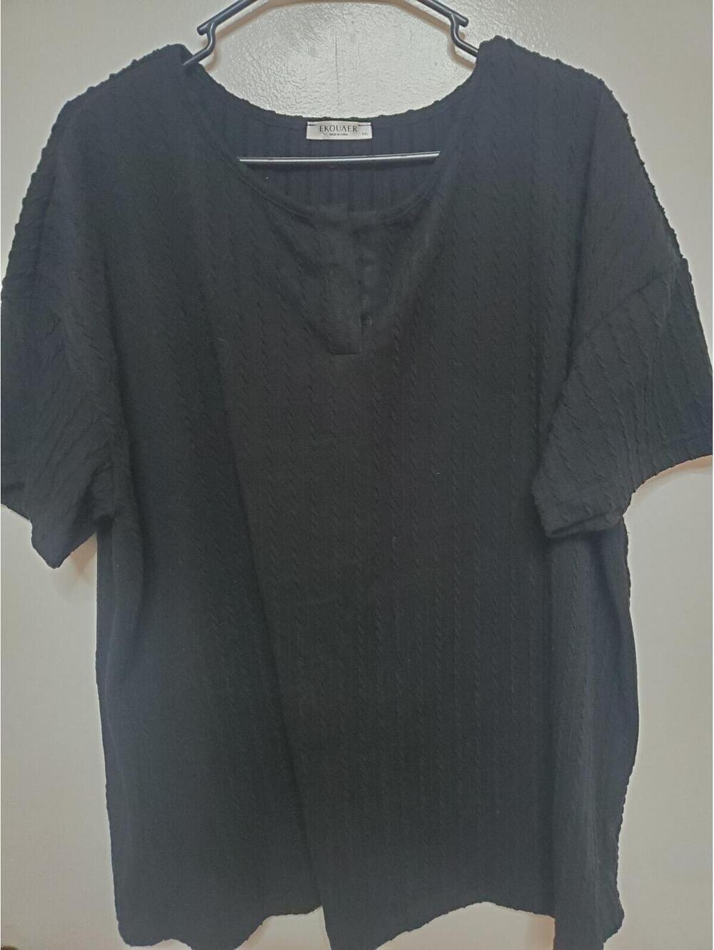 Ekouaer Women's Black Textured Short Sleeve Top XXL